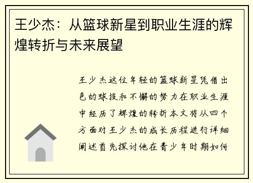 王少杰：从篮球新星到职业生涯的辉煌转折与未来展望